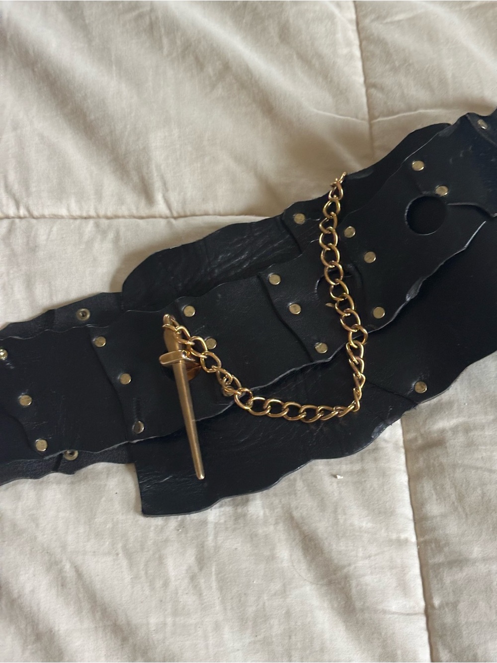 See By Chloe Black Leather Waist Belt with Gold Chain Detail
